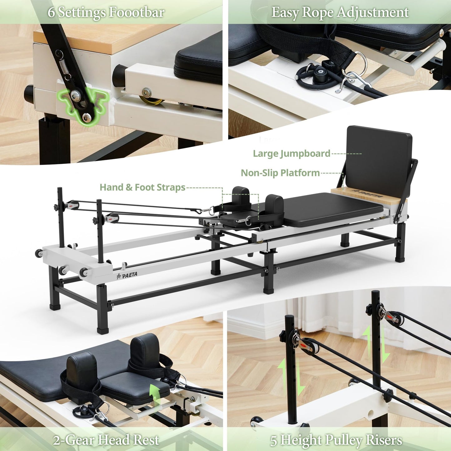 PAETA Pilates Reformer, 86" Foldable Reformer Pilates Machine with Adjustable Reformer Heights, Pilates Equipment with Piano Wire Spings and Jump Boards(Black)
