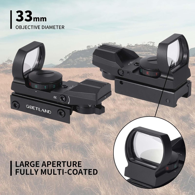 Goetland Reflex Sight Adjustable 4 Reticle Patterns Green Red Dot Illuminated 33mm Lens with 20mm Rail for Airsoft Tactical Hunting