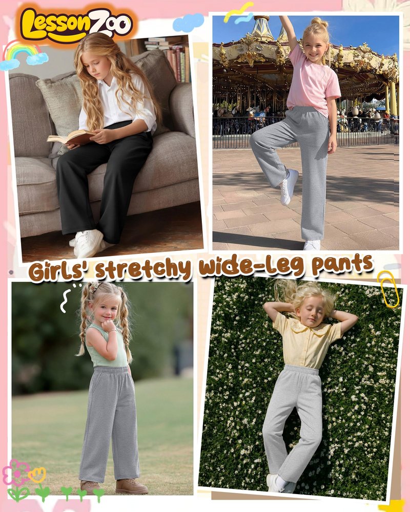 LessonZoo 3 Pack Girls Wide Leg Sweatpants Kids Lightweight Joggers Open Bottom Baggy Pants Athletic with Pockets(Black, Light Heather Gray, Light Gray,13-14 Years)