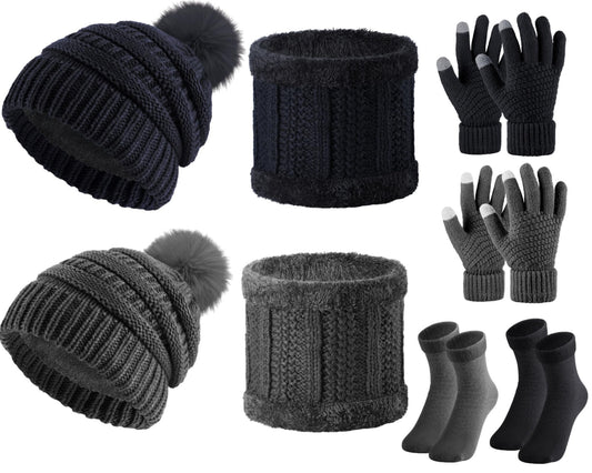 Tigeen 8 Pcs Winter Fleece Lined Beanie Hat Scarf Sock Skiing Warm Set Touchscreen Gloves Knitted Pom Hat Scarf for Women Men(Black, Dark Grey, Classic)