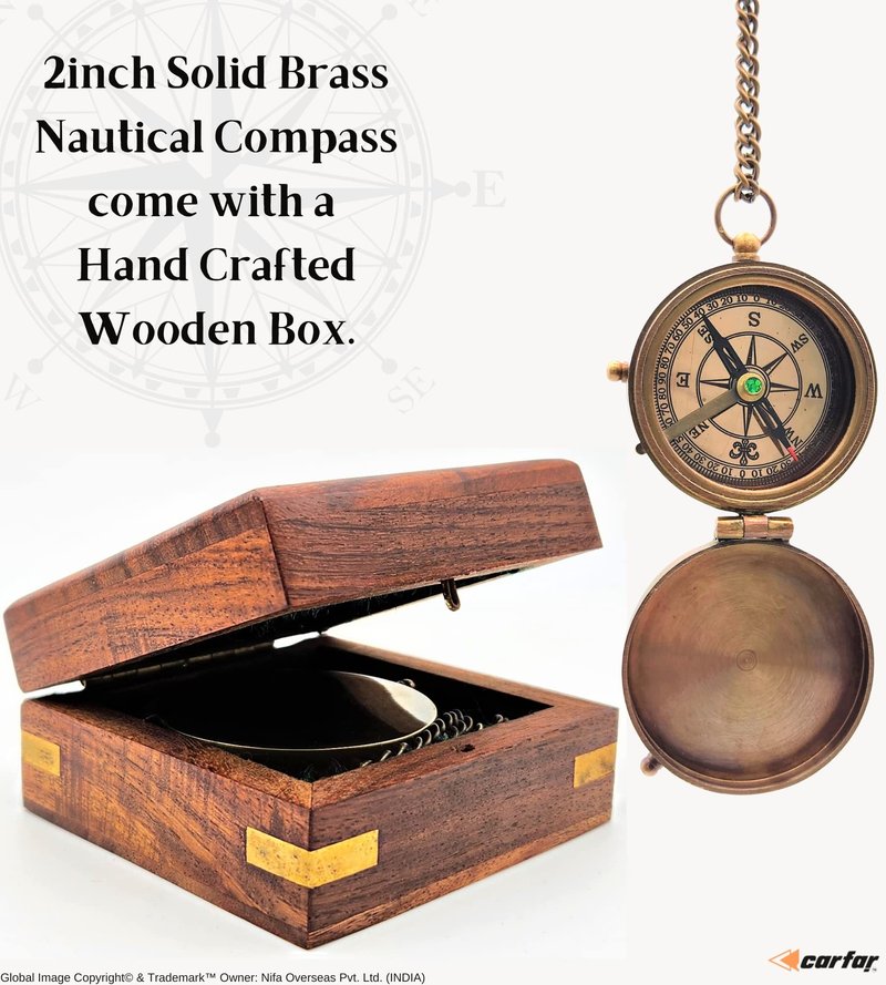 Carfar Nautical Compass Go Confidently in the Direction of Your Dreams! Live the Life You've Imagined Engraved Solid Brass Navigational Vintage Marine Compass with Wooden Box