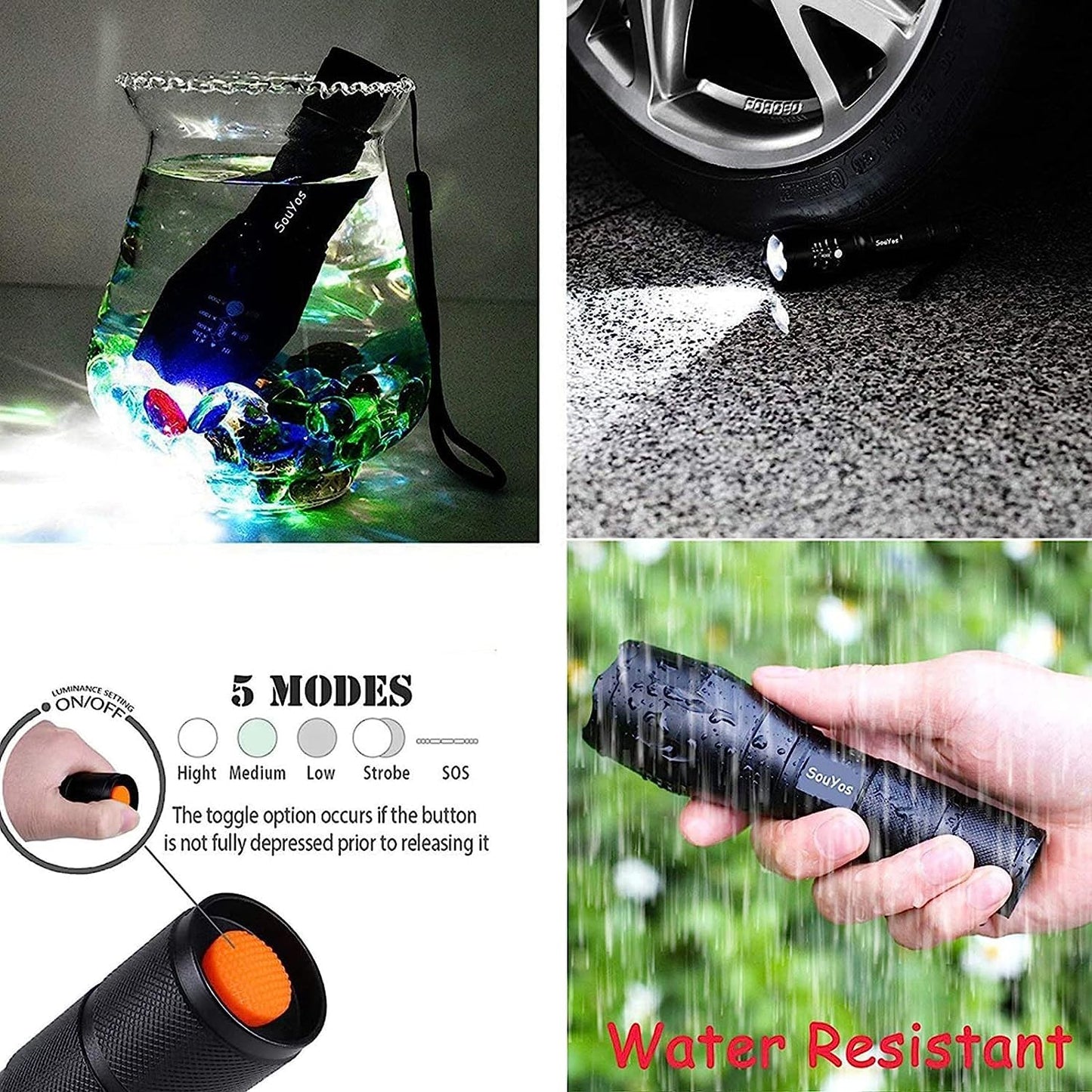 Souyos Military Grade Flashlight 2000 Lumen 5 Modes Water Resistant LED Tactical Torch Flash Light,2-Pack