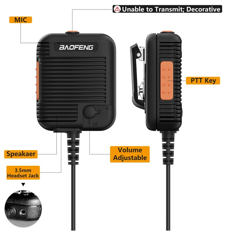 BAOFENG UV-5R Tactical Speaker Microphone Volume Adjustable Handheld for GMRS 5RM Ham Radio DM-32 UV-17H GPS Walkie Talkie (Black)