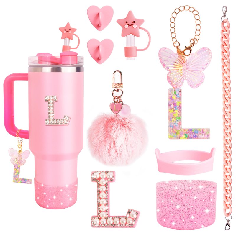 WINOWIMO 8 Pcs Pink Accessories Set for Stanley Cup 30 oz 40 oz, Silicone Glitter Boot, Star Straw Cover, Pom-Pom Charm, Letter Charm, Water Bottle Handle, Initial Sticker for Stanley Tumbler (L)