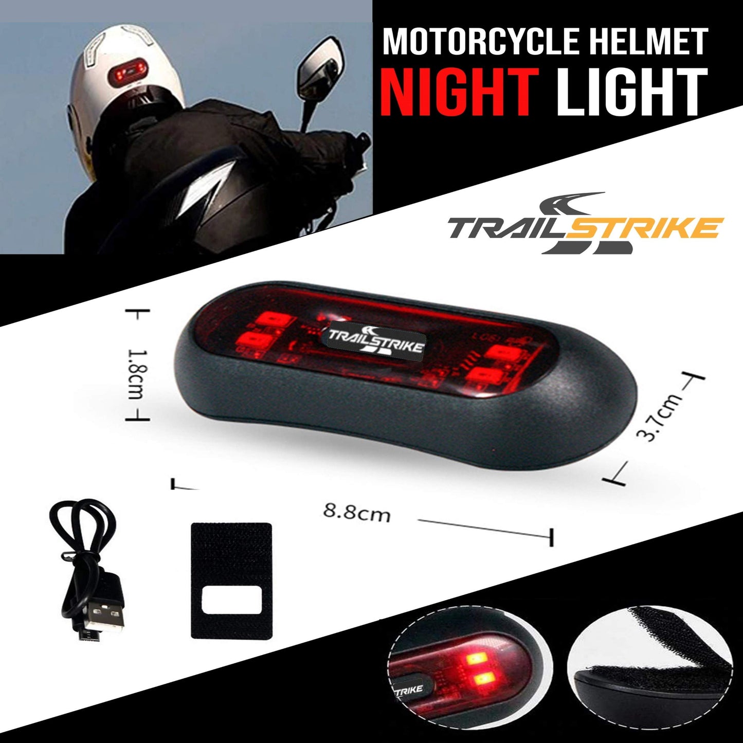 Trailstrike LED Motorcycle Bike Bicycle Red Rear Helmet Light Lamp for Night Riding Safety Warning Tail Lights Mode with Rechargeable Battery & USB Cable TS-101-A
