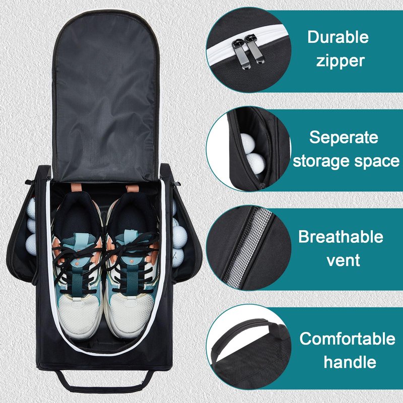 Funtery 2 Pcs Golf Shoe Bag for Travel Zippered Sports Shoe Carrier Tote Bags Golf Accessories with Ventilation Outside Pocket for Balls Tees Socks Accessories Men Women(Black, Gray)