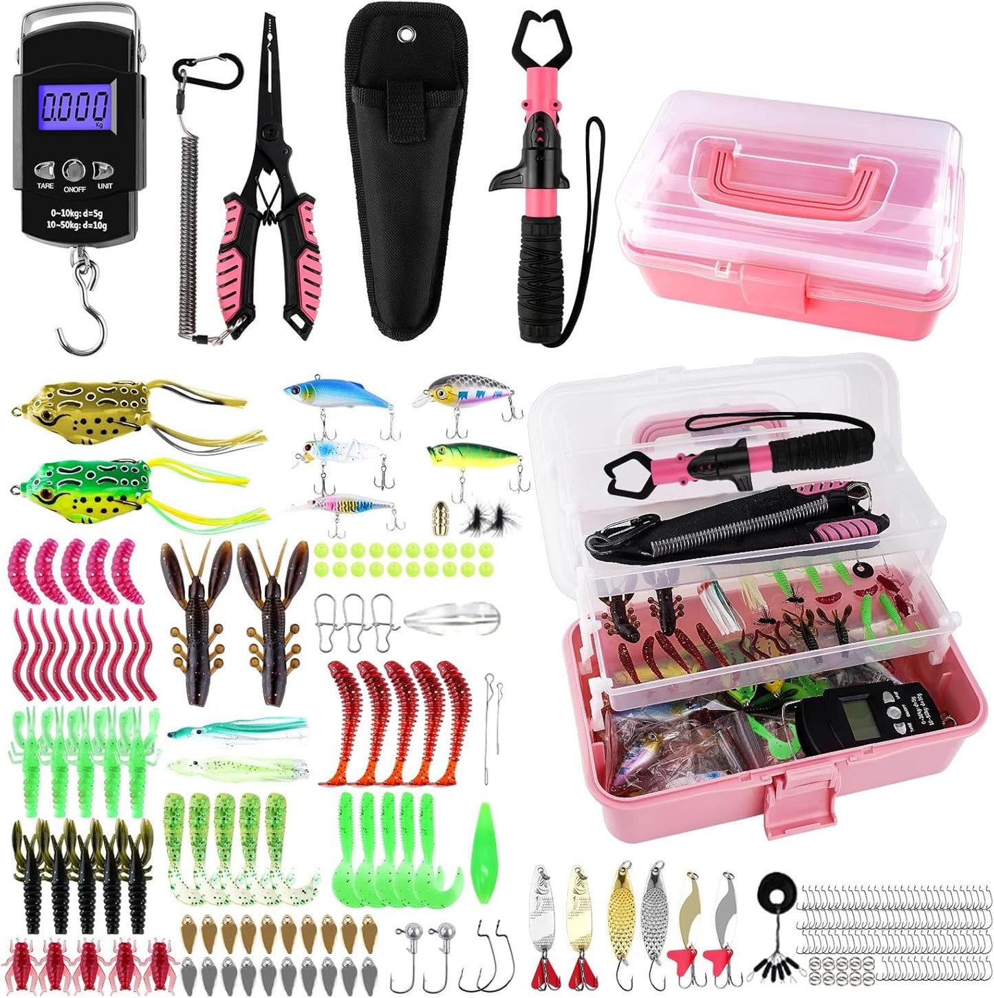 3-Layer Fishing Tackle Box - Complete Fishing Tools Kit with Pliers, Gripper & Baits | Pink Color