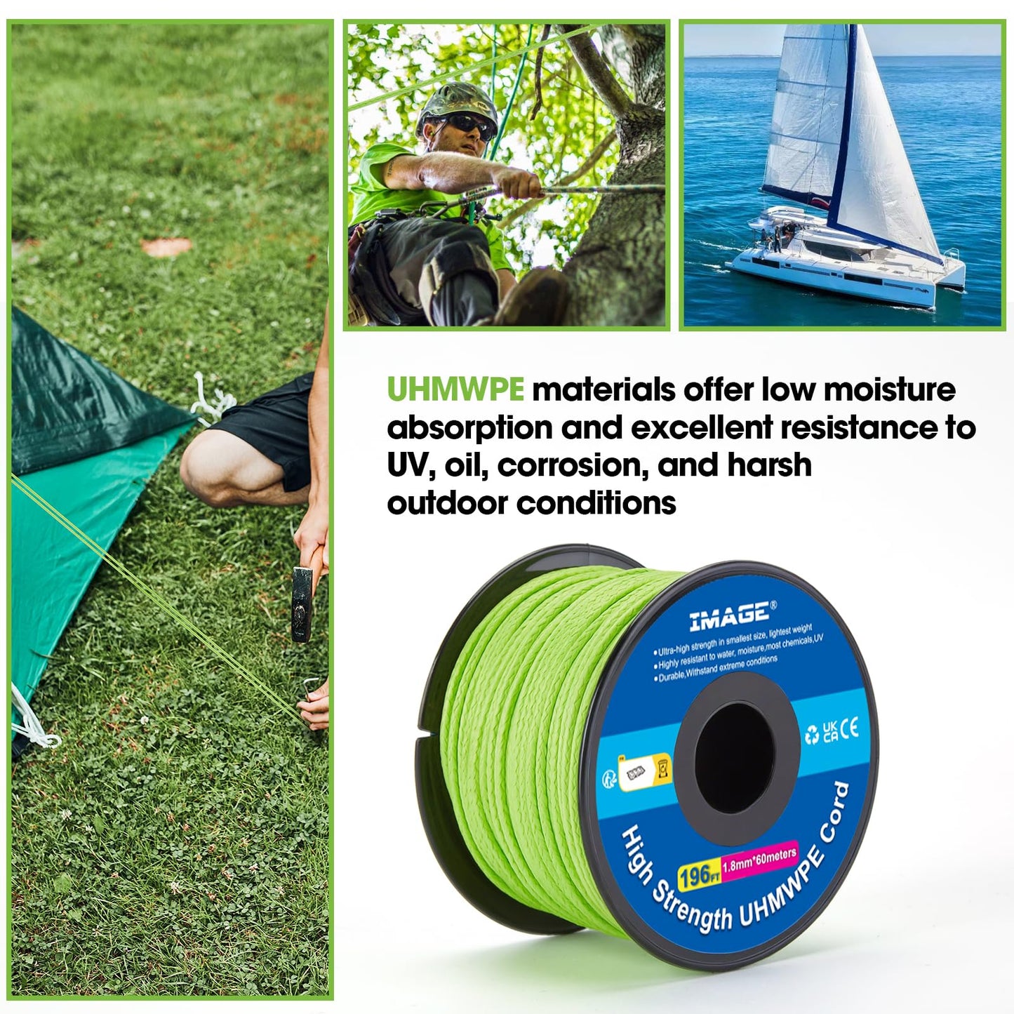 IMAGE Kevlar Cord196ft UHMWPE Braided Throw Line Nylon Cord 1.8mm, 660LB High Strength, Low Stretch, Spliceable Arborist Rope for Tree Work, Hammock, Tarp, Tent, Camping (Green, 196ft)