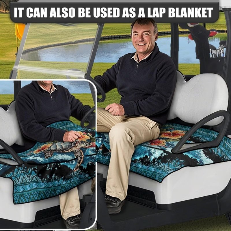 Brosoneto Sea Turtle Aztec Golf Cart Seat Covers, Washable Golf Cart Seat Towel Blanket with Pockets Travel Sports Golf Cart Cushion Cover for Golf 2 Person Seats Club Car, Golf Cart Accessories