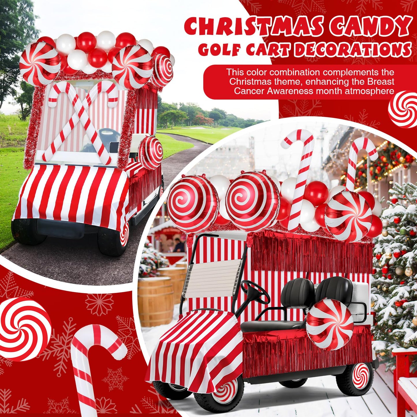 Soulchen 75 Pcs 82 Pcs Christmas Parade Golf Cart Decoration Kit Candy Theme Balloons Garland Arch Fringe Curtains Tinsel Garland Candy Cane PVC Decor for Xmas Golf Cart Party Supplies Decor (Classic)