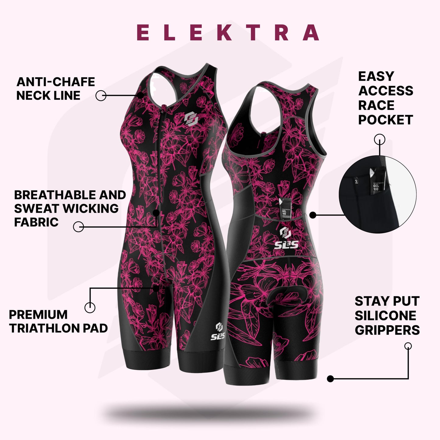 SLS3 Triathlon Suits Women – Sleeveless Trisuit Women - Premium FX Fabric, Tri Suit Womens Triathlon Suit, No Shelf Bra (Elektra, Large)