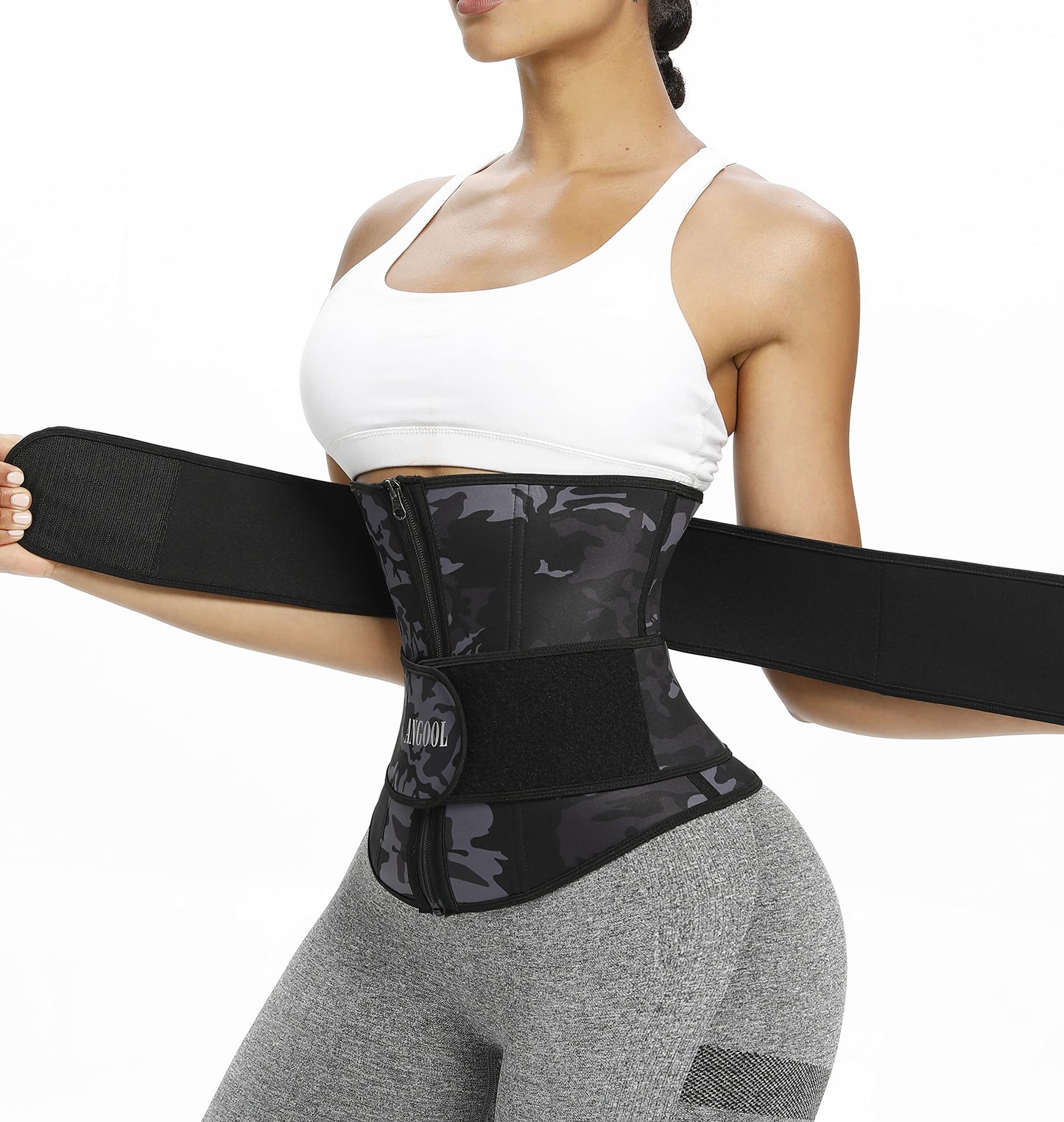 ANGOOL Neopren Waist Trainer For Women,Workout Plus Size Trimmer Belt Sauna Sweat Corset Cincher With Zipper M Camo