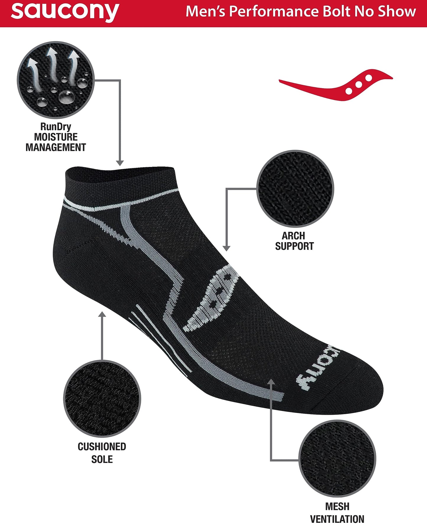 Saucony Men's Bolt Rundry Performance No-Show Multi-Pack Socks, Campfire Repreve (6 Pairs), Large