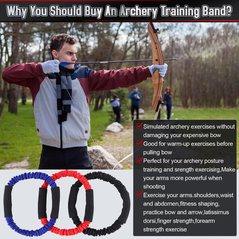 RoundFunny 3 Pcs Archery Bow Strength Trainer 30 40 50 Lbs Arm Strength Exercise Band Rubber Stretch Bands Archery Accessories for Bow Practice Shooting Accessories