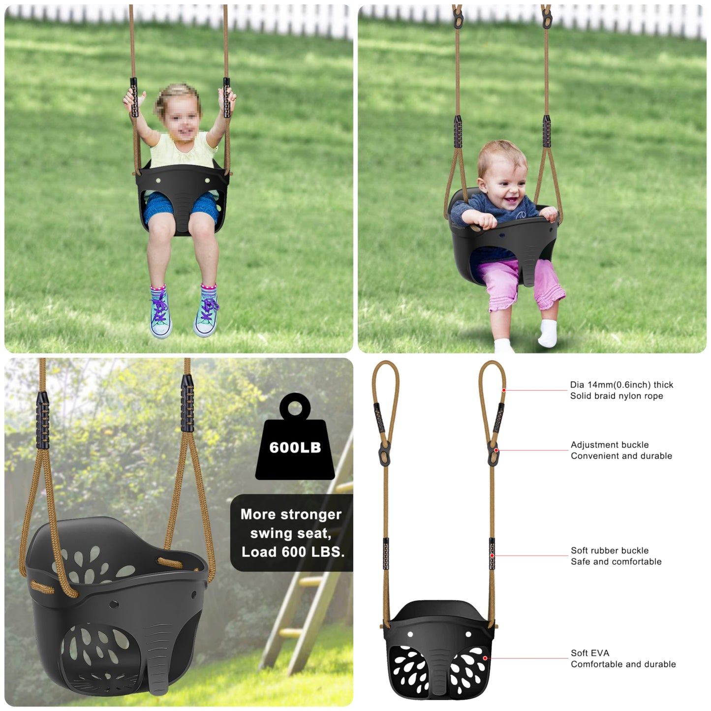 SELEWARE Heavy-Duty High Back Full Bucket Toddler Swing Seat with Locking Carabiners and Adjustable Rope, Cute Elephant Shape Design, 600LB Weight Limit (Bucket Swing, Black)