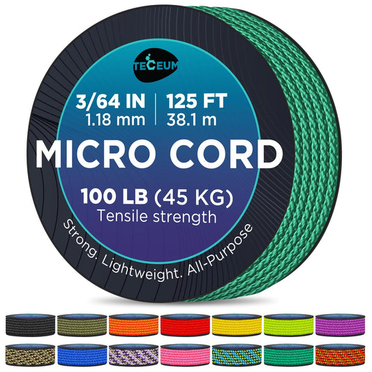 TECEUM Micro Paracord – Green – 1.18 mm x 125 ft – Micro Utility Cord – Thin Braided Paracord Rope Nylon Polyester – Wind Chime Replacement – Survival Strong String 025c