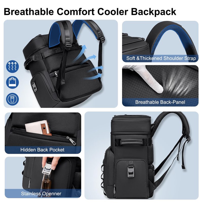 Weitars Insulated Cooler Backpack,Double Deck Waterproof Soft Cooler Bag,Backpack Coolers Leak Proof Lunch Backpack for Men Women for Travel,Camping,Picnic,Beach,Picnic,Outdoor 31L/52 Can (Black)