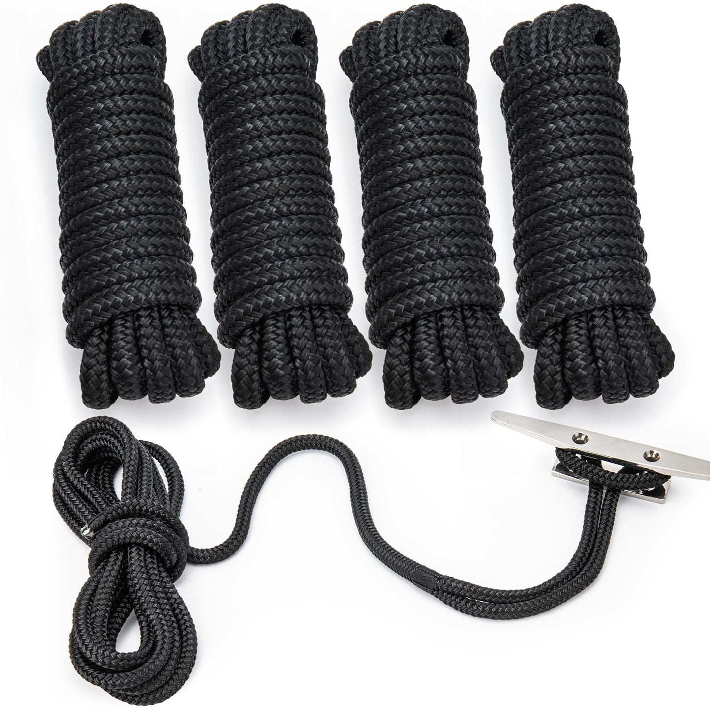 PropelTech 4 Pack 3/8" x 15’ Boat Dock Lines for Boat & Pontoon, Premium Marine- Grade Double Braided Nylon Dock Line, Pre-Spliced with a 12" Eyelet-Black,Boating Gifts for Men
