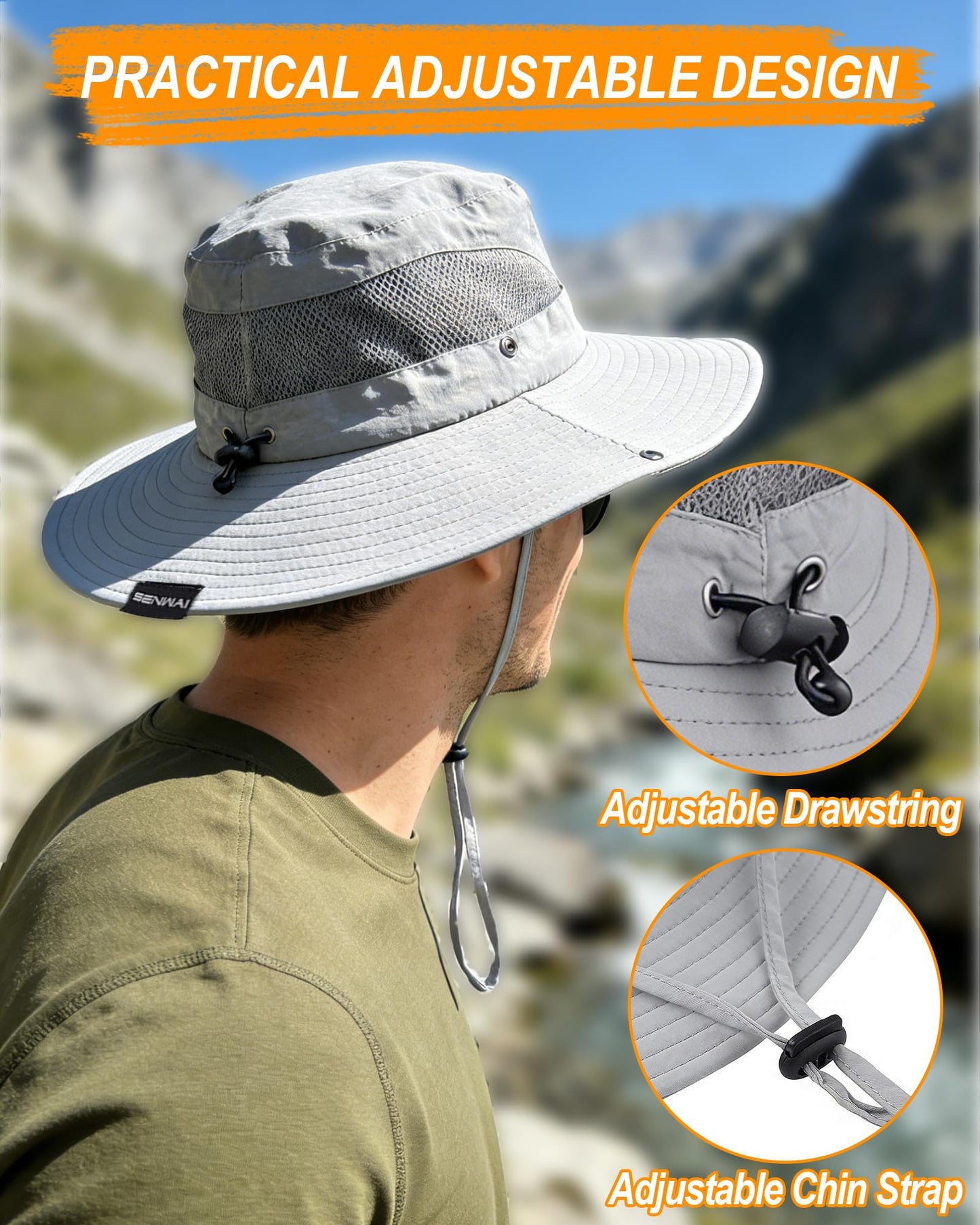 SENWAI Unisex UPF50+ Sun Hat with Ponytail Hole, UV Protection Wide Brim Bucket Hat for Men Women Beach Hiking Fishing, Light Gray