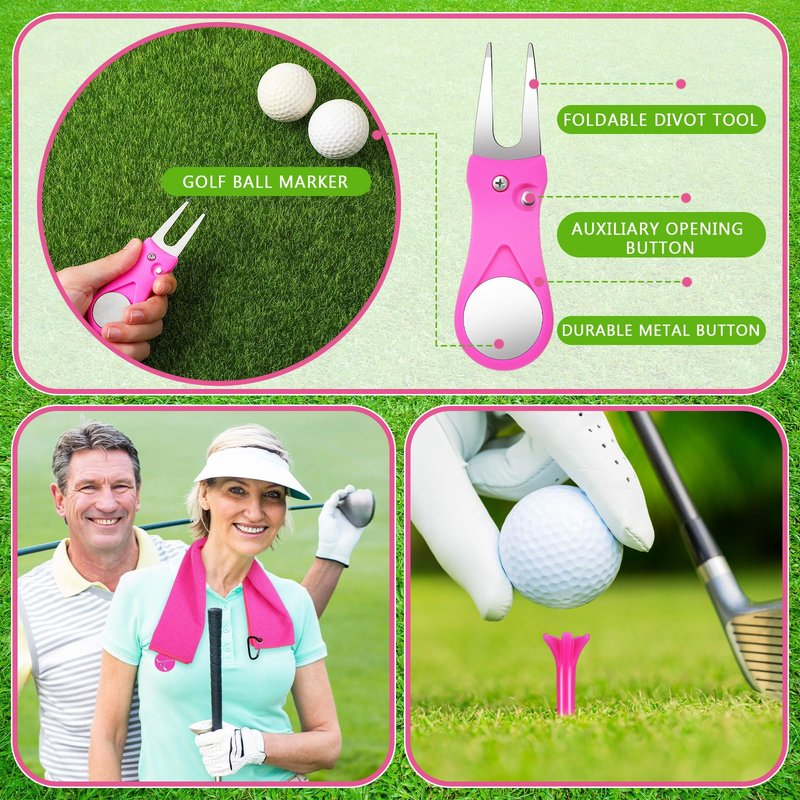 VioraWhite 16 Pcs Pink Golf Accessories Kit for Women Include Golf Towel with Clip, Hat Clip, Balls Holder, Club Cleaner Brush, Divot Repair, 10 Plastic Tees, Pink Socks Gift Set