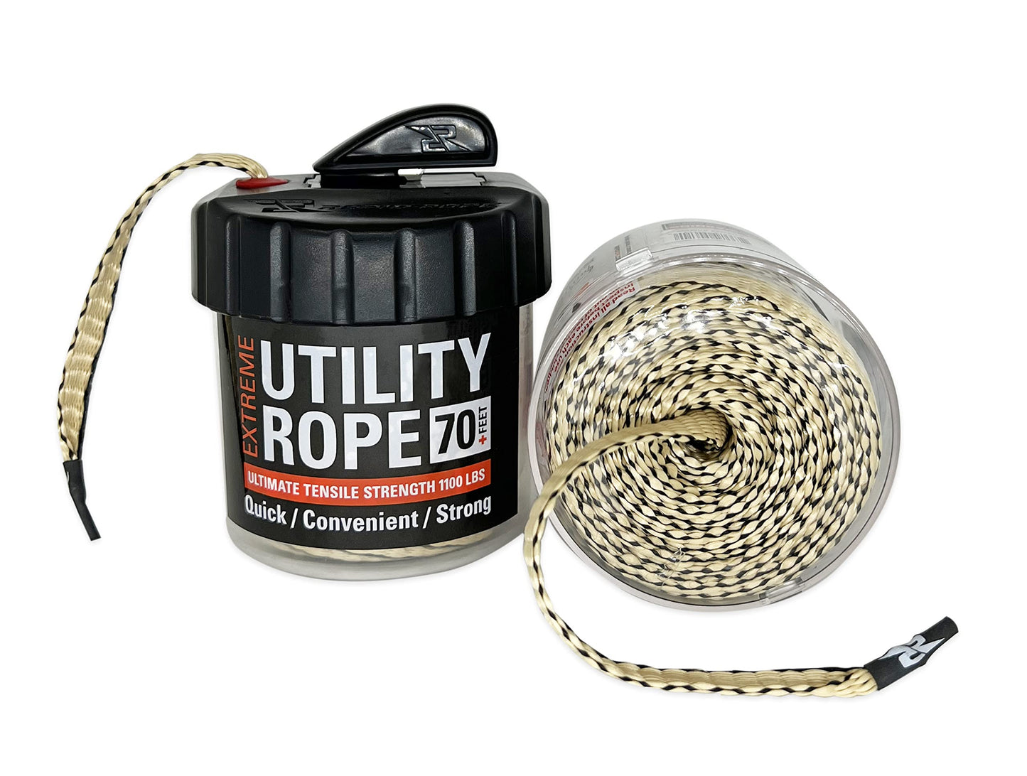 Rapid Rope Canister 70ft Tan Flat Tactical Paracord, Made in USA, 1100lb Tested Heavy Duty Poly Rope Test Cord, Non-Tangle Dispenser Included - Hiking, Camping, Survival, Utility, Climbing