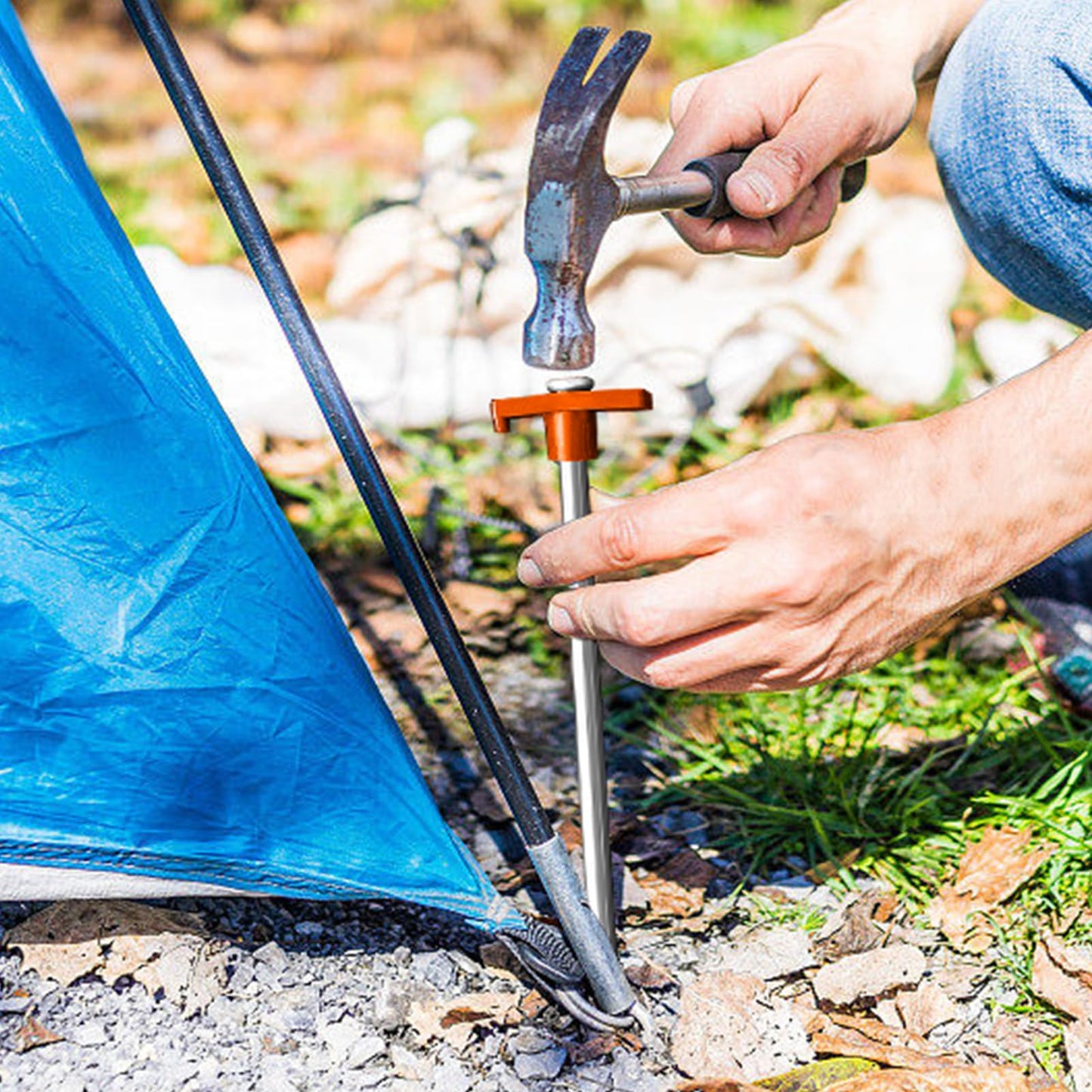 Eurmax USA Galvanized Non-Rust Camping Family Tent Pop Up Tent Stakes Ice Tools Heavy Duty 10pc-Pack, with 4x10ft Ropes & 1 Orange Stopper