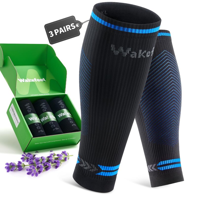 Wakefeet 3 Pairs Calf Compression Sleeves for Women & Men 15-20 mmHg, Graduated Compression Socks for Running, Swelling Relief, Shin Splints & Varicose Veins Support, Anti-Slip Leg Sleeves