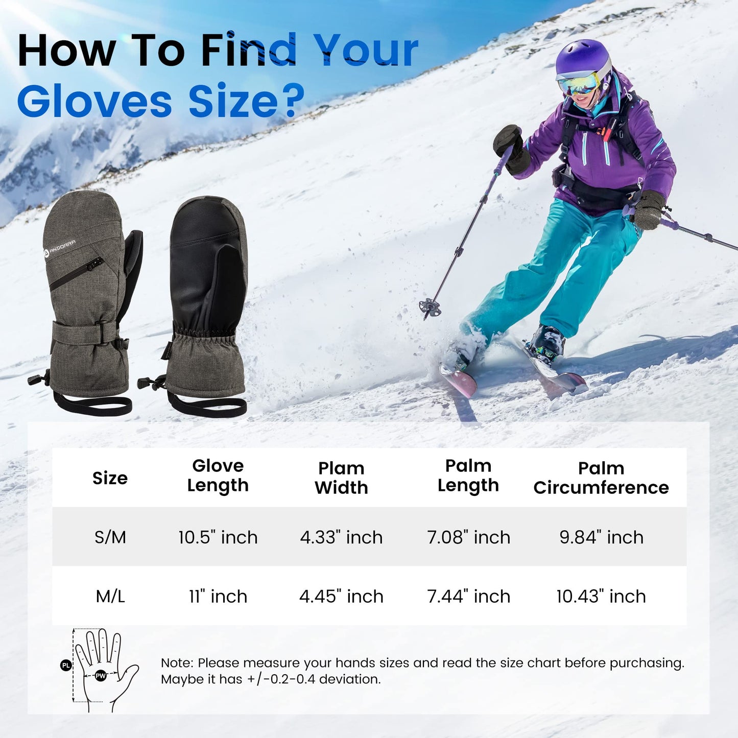 ANDORRA Winter Mittens for Women Waterproof Skiing Gloves for Women Touchscreen Zipper Pocket Snow Mittens, Grey, M/L