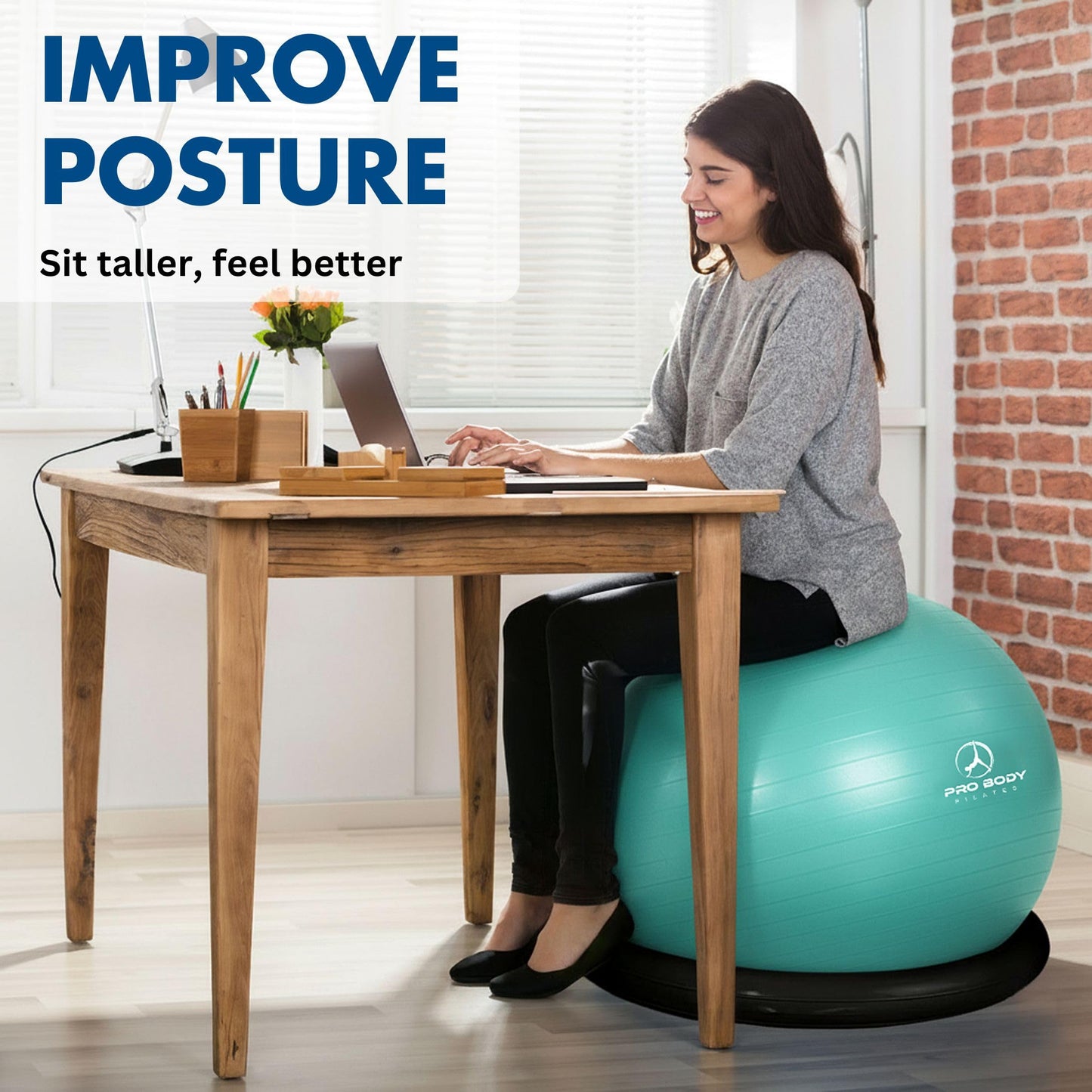 ProBody Pilates Yoga Ball Chair, Exercise Ball Chair with Base or Stand for Home Office Desk Sitting or Workout, Balance Ball & Stability Ball Seat for Back, abs (Aqua, 27-30 inches/68-75 cm)