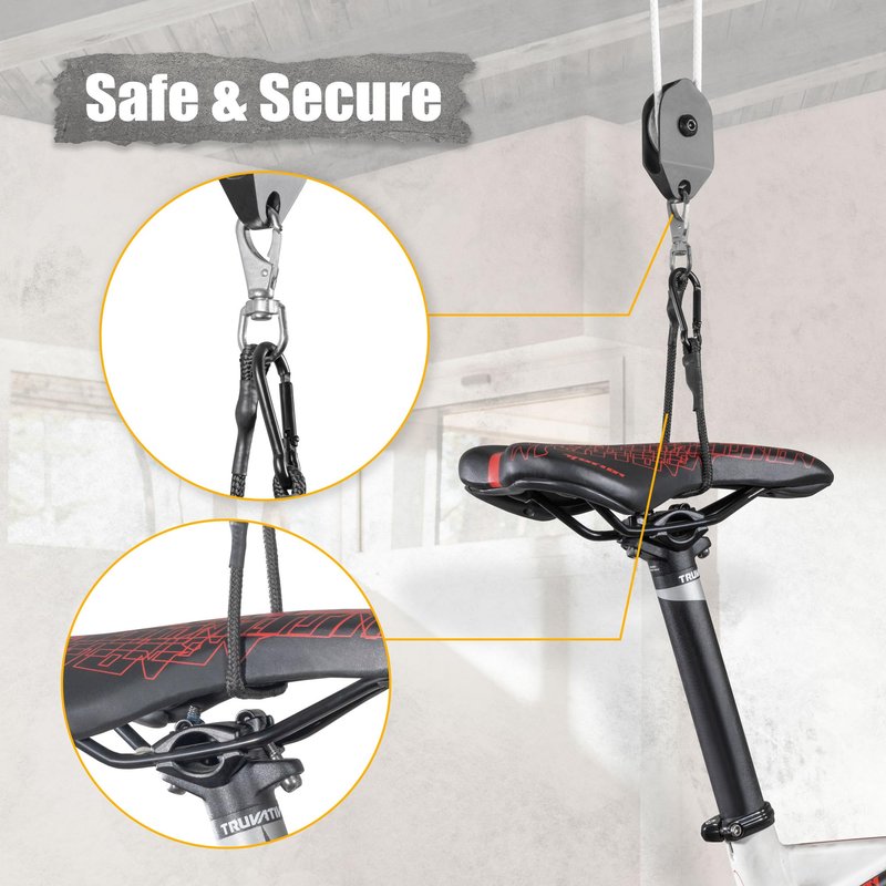 CyclingDeal Ceiling-Mounted Bike Hoist Rack - Secure Bike Storage Ceiling Bike Hangers for Garage - Safe & Easy Lifting for Garage Bicycle Hanger Bike Storage Rack - Premium Rope & Bike Hooks
