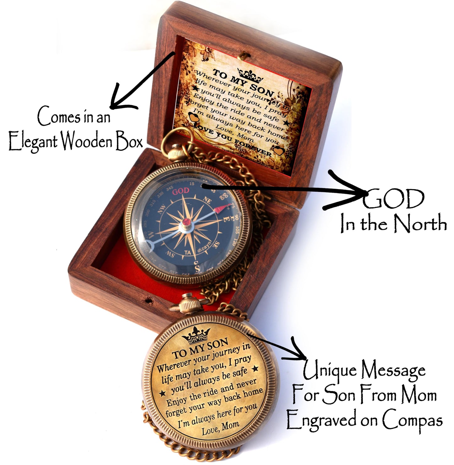 to My Son Compass with Wooden Box-Mom to Son Compass–Mother to Son Gifts-Graduation Day Gifts for Son-Hiking Backpacking Compass-Birthday Confirmation Students Baptism Communion Compass for Women Men