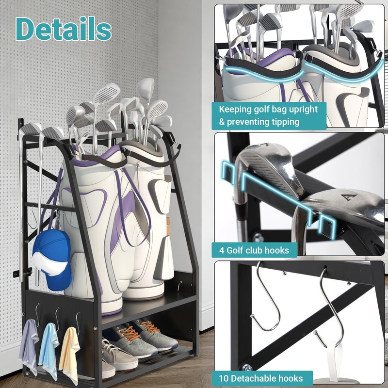 Eastrexon Golf Bag Organizer - Wall Mount & Freestanding - Holds 2 Golf Bags w/ 4 Club Racks, 10 Hooks & Storage Shelf - Golf Bag Stand w/Adjustable Feet for Garage, Store, Club, Shed