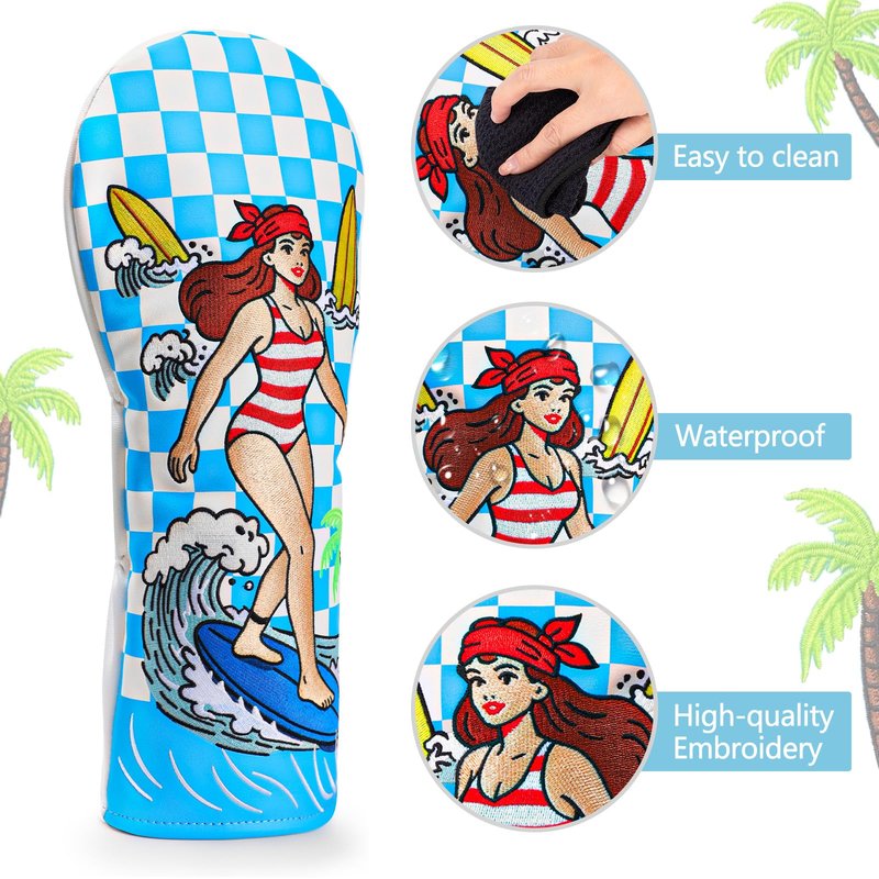 brdejc Golf Club Cover Surf Girl Embroidery Driver Covers Fariway Wood Headcover Hybrid Covers Leather Golf Headcovers for Most Brand(for Fariway Wood)