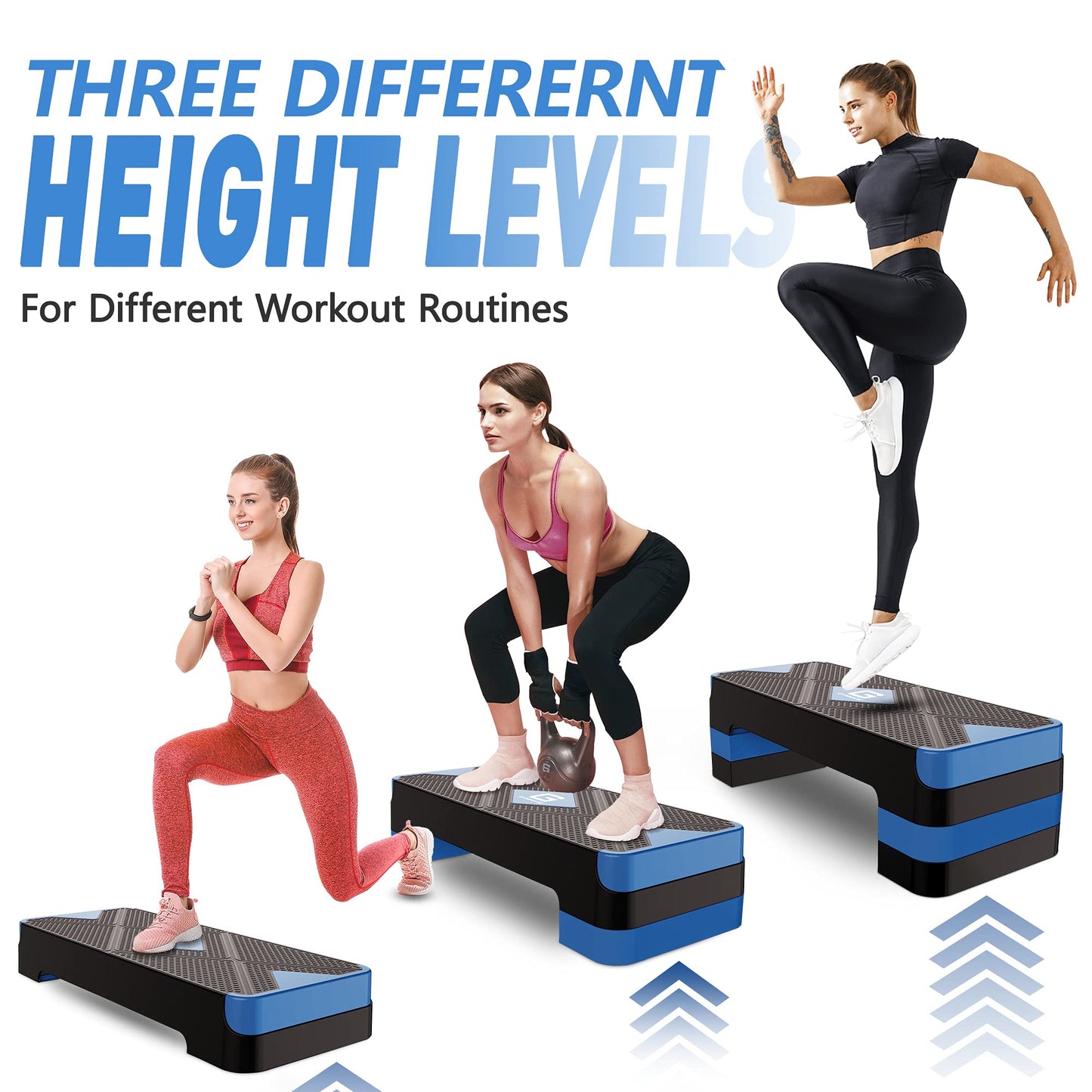 GYMMAGE Aerobic Exercise Step, Adjustable Aerobic Stepper for Exercise, Workout Step Platform for Step Up, 26.5" Step Deck with 4” 6” 8” Adjustable Height Risers, Women Home Gym Cardio Fitness