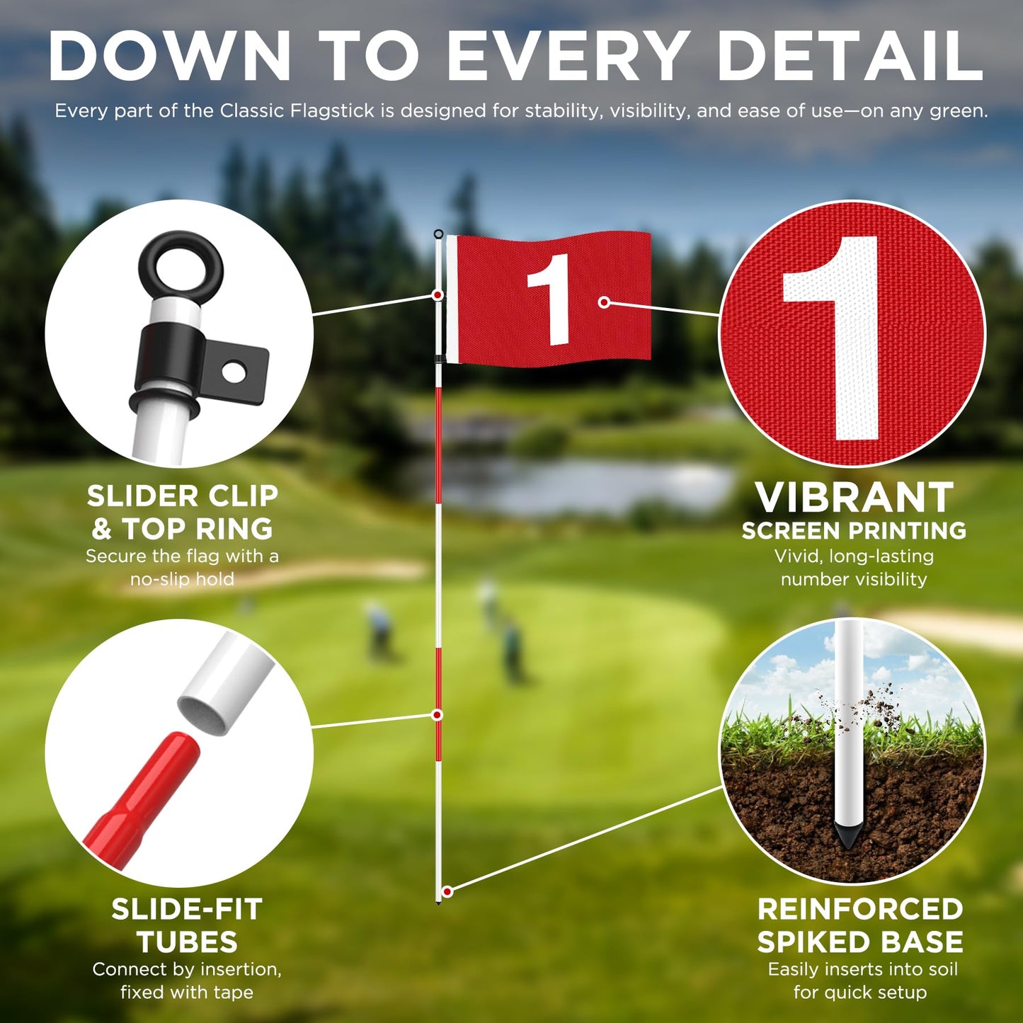 KINGTOP 6ft Golf Flagstick Basic, Portable Five-Section Design for Backyard Practice Putting Green, Driving Range Golf Pin Flag Hole Cup Set, Gift Idea, 1-Pack