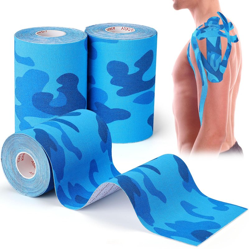 3 Pack Kinesiology Tape - Professional, Waterproof & Latex-Free Athletic Tape for Muscle & Joint Support on Knee, Ankle, Shoulder, Wrist During Sports, Swimming & Training - Blue Camo 4in x 5.5yd