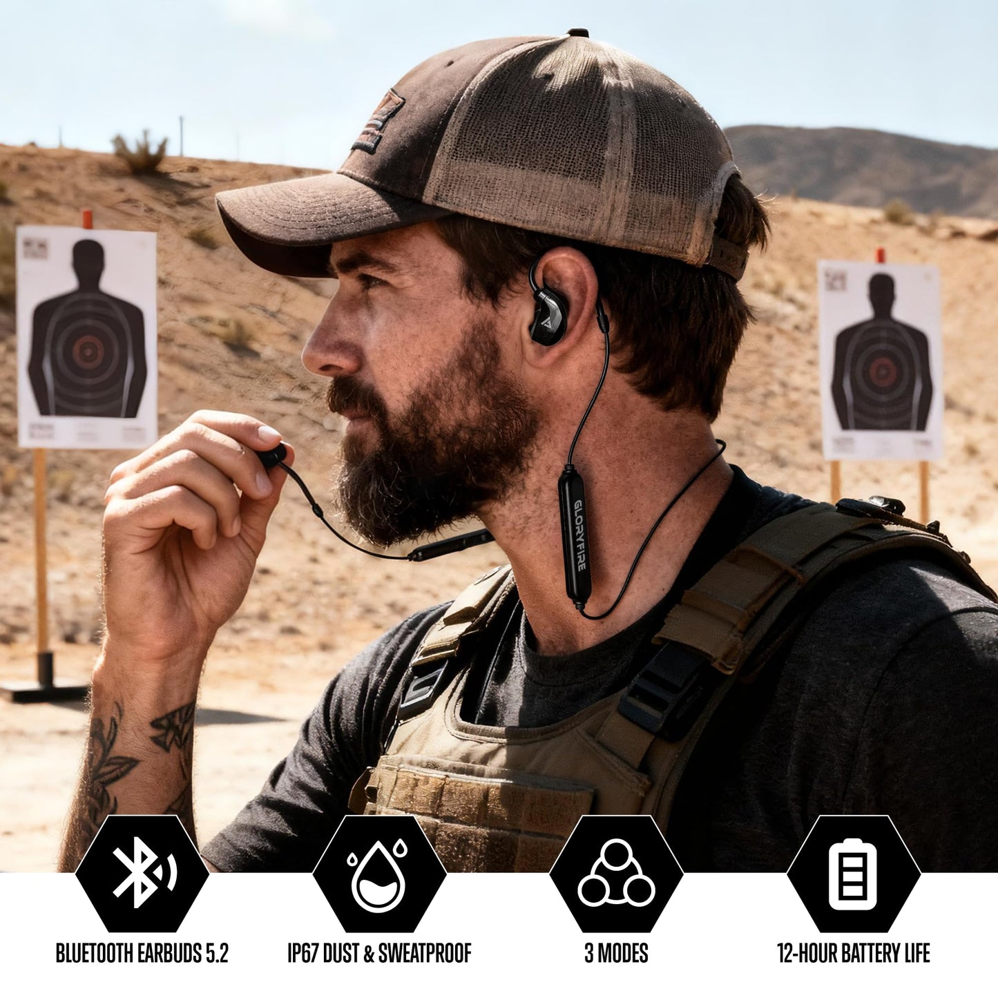 GLORYFIRE Bluetooth Shooting Ear Protection Earplugs,Shooting Ear Buds for Hearing Protection, Noise Reduction Ear Protection for Gun Range(Matte Black)