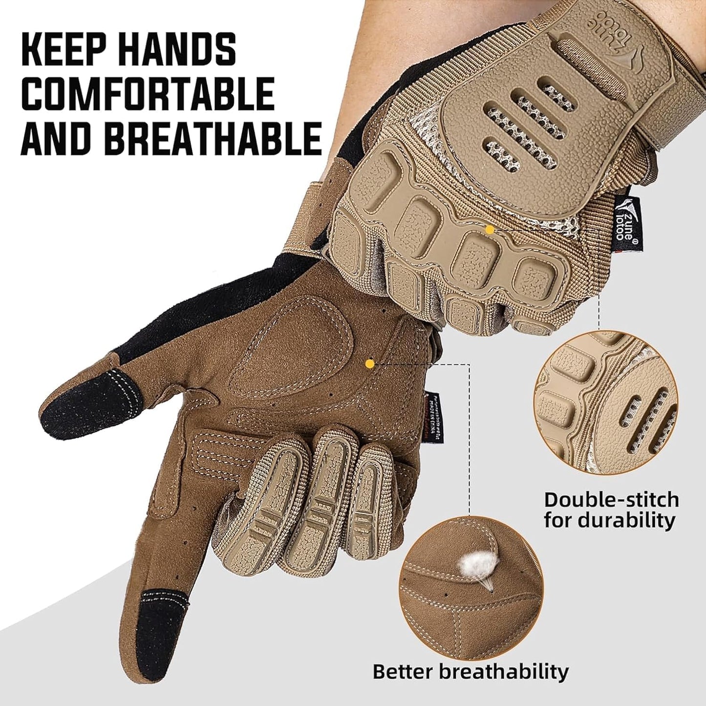 ZUNE LOTOO Tactical Gloves for Men, Touchscreen Motorcycle Gloves with Finger Impact Protection, Tan Palm Padded Safety Work Gloves for Paintball Airsoft Range Tac Female Women(XLarge)