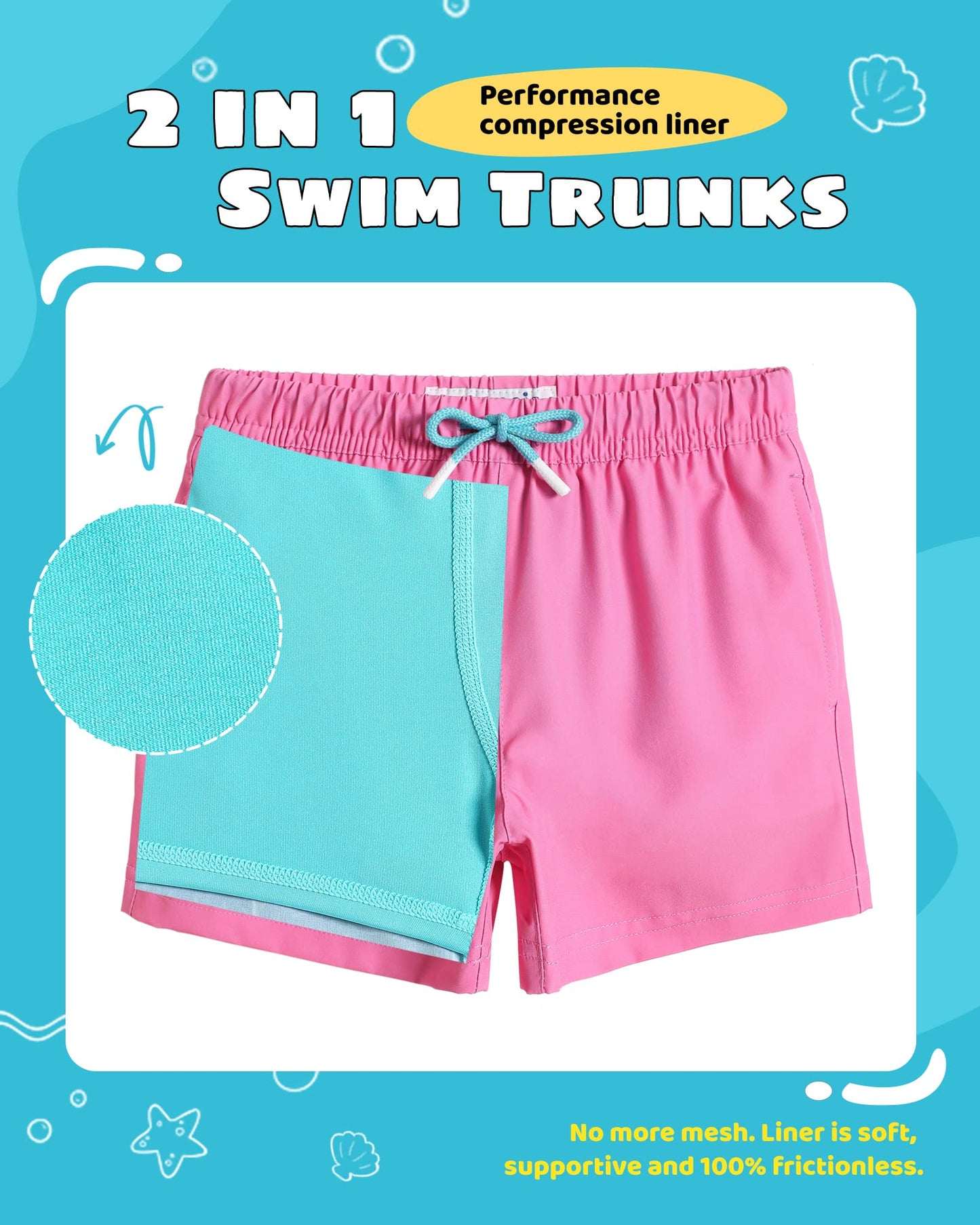 maamgic Boys Swim Trunks with Compression Liner Toddler Stretch Swim Shorts Quick Dry Swimming Trunks Boxer Brief 2 in 1 Beach Shorts Pink Lake Blue 5/6