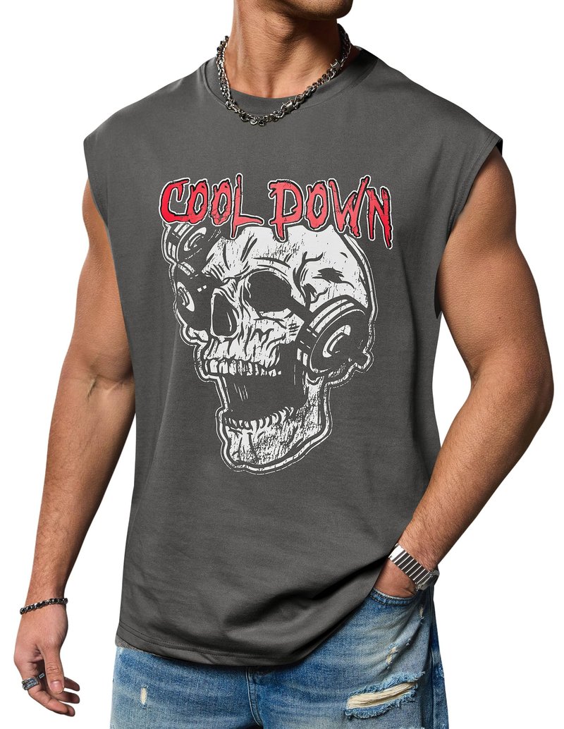 VOGSTART Men Tank Top Loose Fit Designer Tee Summer Cozy Shirts Classic Cut Off Cotton Novelty Gym Soft Sleeveless Graphic Training Sport Exercise Motion Muscle Dark Grey Skull M