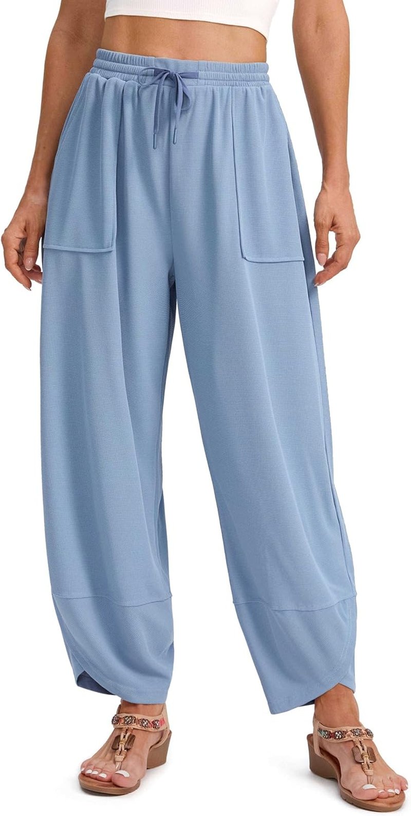 Wide Leg Pants for Women - Baggy Lightweight Waffle Knit Palazzo Harem Pants with Pockets | Casual Drawstring Design