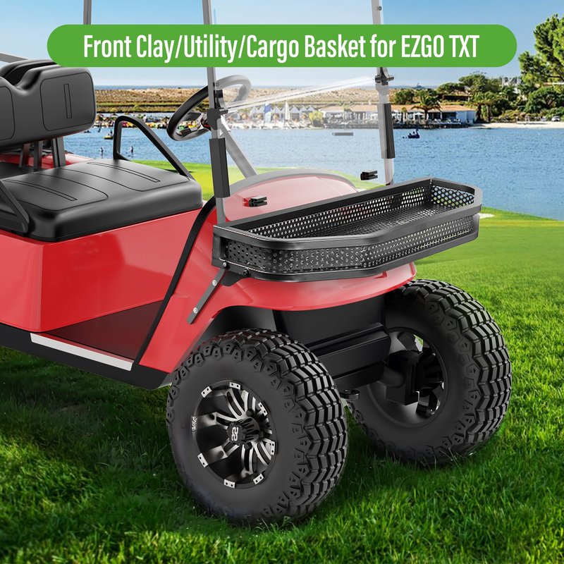 10L0L Golf Cart Ezgo TXT Front Cargo Basket Clay Outer Utility with Mounting Brakets for Gas & Electric Golf Carts, Heavy-Duty Steel Drop Mesh Storage Rack