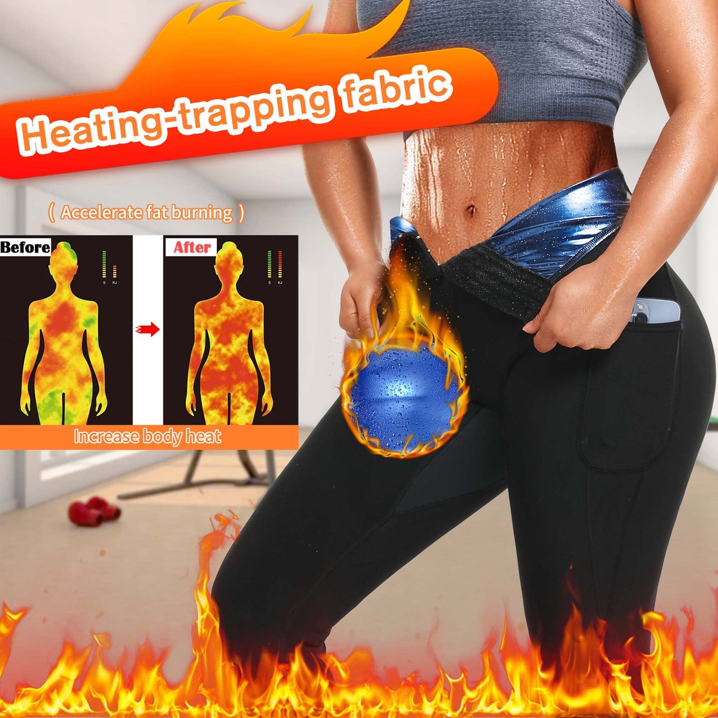 DYUAI Sauna Leggings for women High Waist Sauna Sweat Pants with pocket Compression Workout Legging Sauna Suit(WBH7006-01-L)