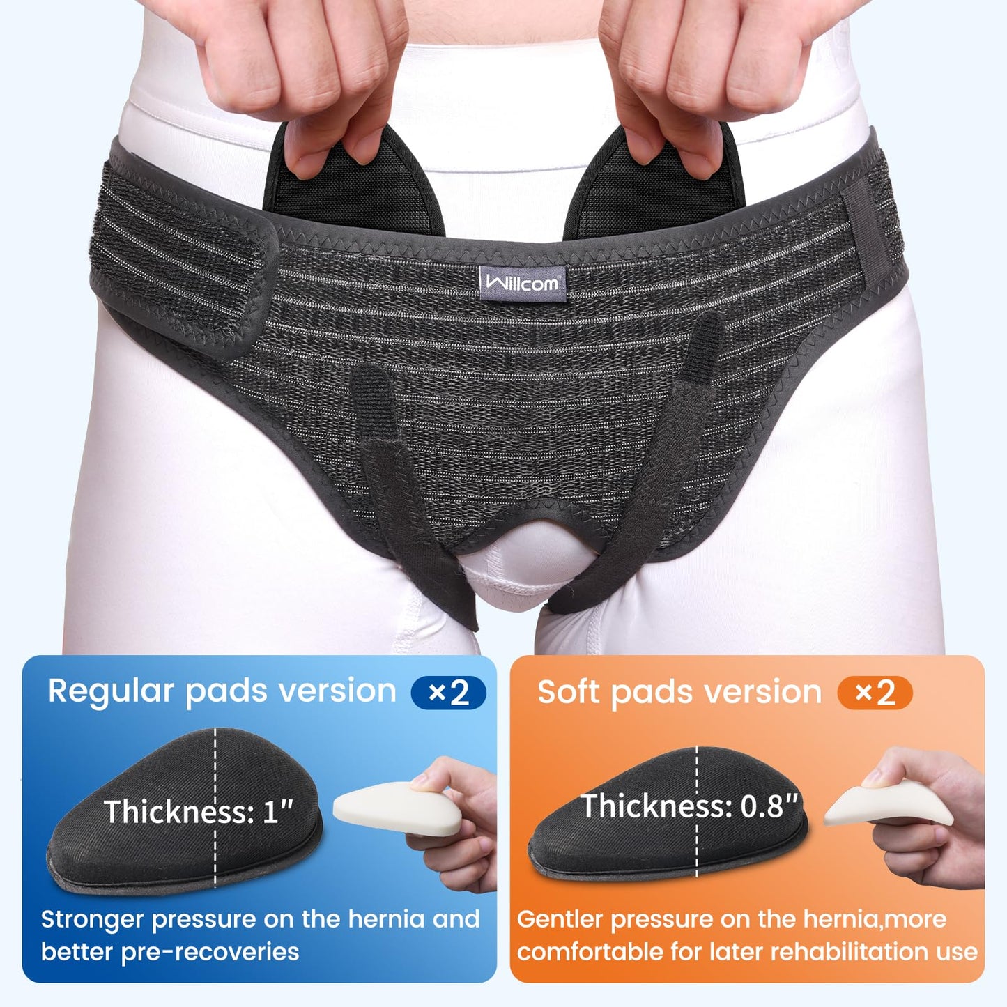 Willcom Hernia Belt for Double Inguinal, Hernia Support Truss for Men and Women, Pain Relief Recovery Adjustable Strap with 2 Removable Medical Compression Pads (Medium)