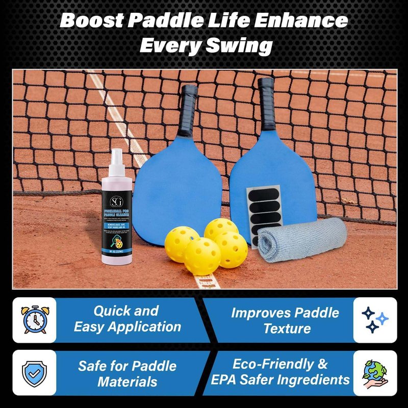 Pickleball Paddle Cleaner Spray with Cleaning Cloth and Thumb Tape - Removes Dirt, Ball Residue, Scuff Marks - EPA Safer Ingredients, Pickleball Accessories, Pickleball Gifts - 8 FL Oz