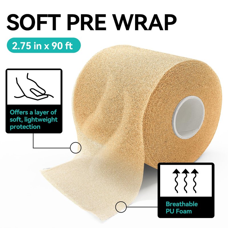 Dimora Pre Wrap Athletic, 4 Rolls Prewrap Headband for Hair, 120 Yards Foam Underwrap Athletic Tape, Best Padding for Underneath Sports Tape, 2.75 Inches x 30 Yards - Beige