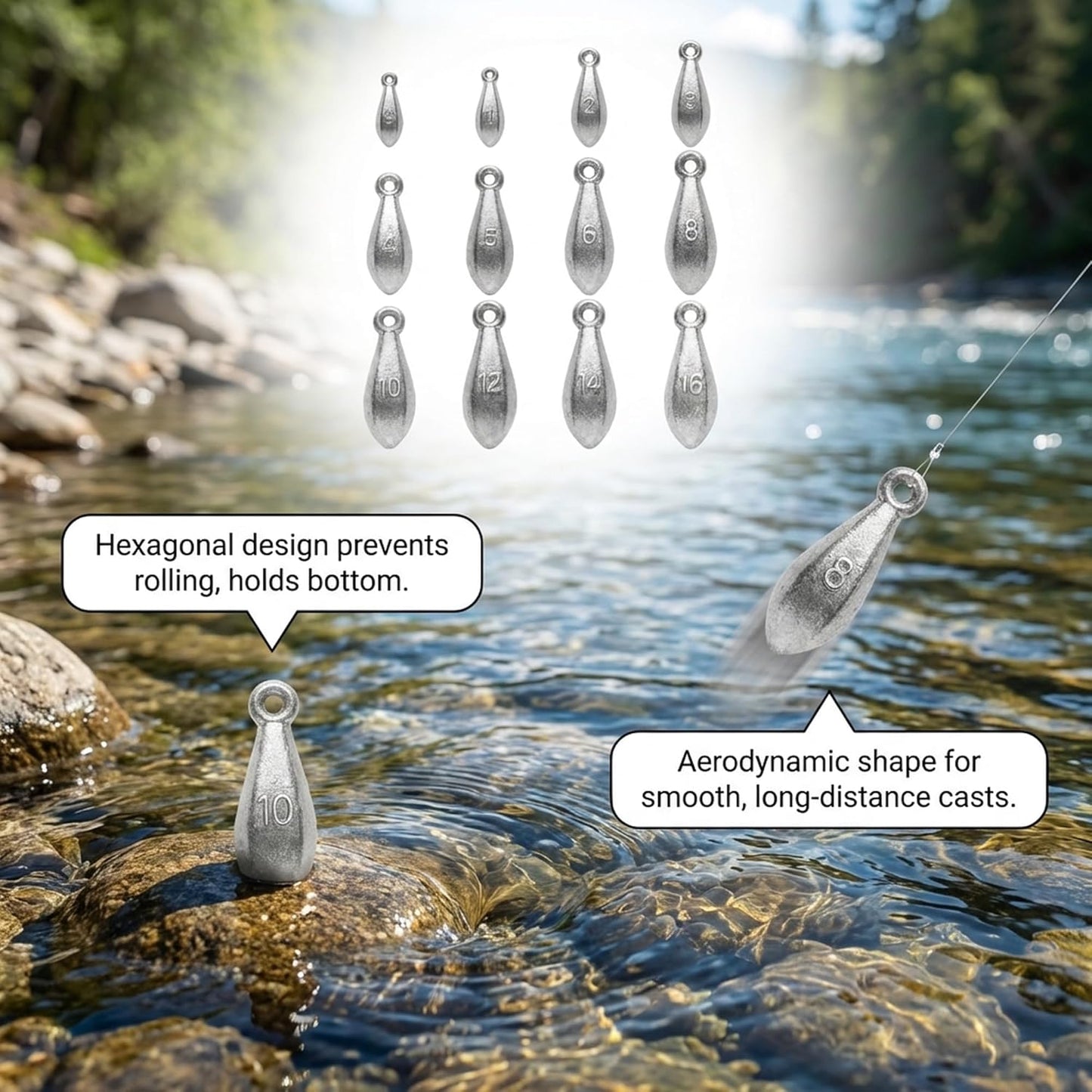 Fishing Weights - Hexagonal Anti-Roll Bank Sinkers for Surf Fishing | Lead Sinkers for Catfish & Bass (1/2oz to 16oz)