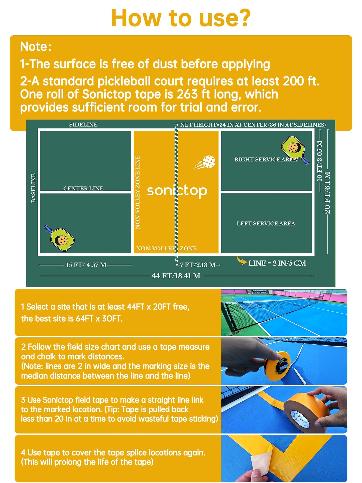 SONICTOP Pickleball Court Marking Kit, 2" x 263 ft Lengthened Pickleball Court Tape 5PCS Set Makes Full Size Outdoor Court Yellow Tape for Temporary Court Lines No Residue Easy Installation(Yellow)
