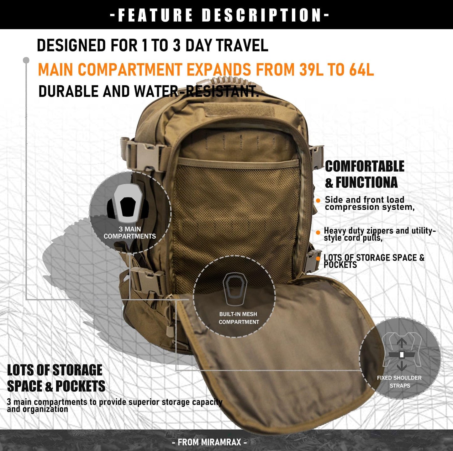 Miramrax Tactical Backpack Military Army Daypack - Assault Pack for Men Molle Backpacks Bug Out Bag 3 Day Pack for Hiking Camping Travel Hunting Rucksack Trekking Coyote