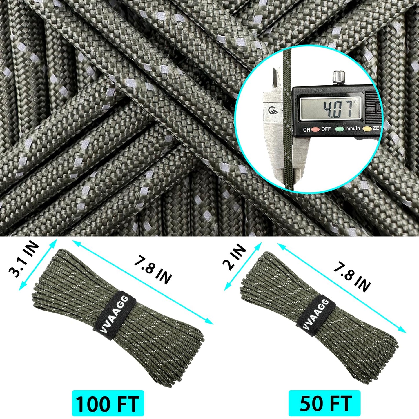 VVAAGG Reflective Paracord Rope 100FT, 7 Strand Nylon para Cord Lanyard Utility 550 Parachute Cord, 4mm Thin Tent Rope for Outdoor Camping Hiking (OD Green)